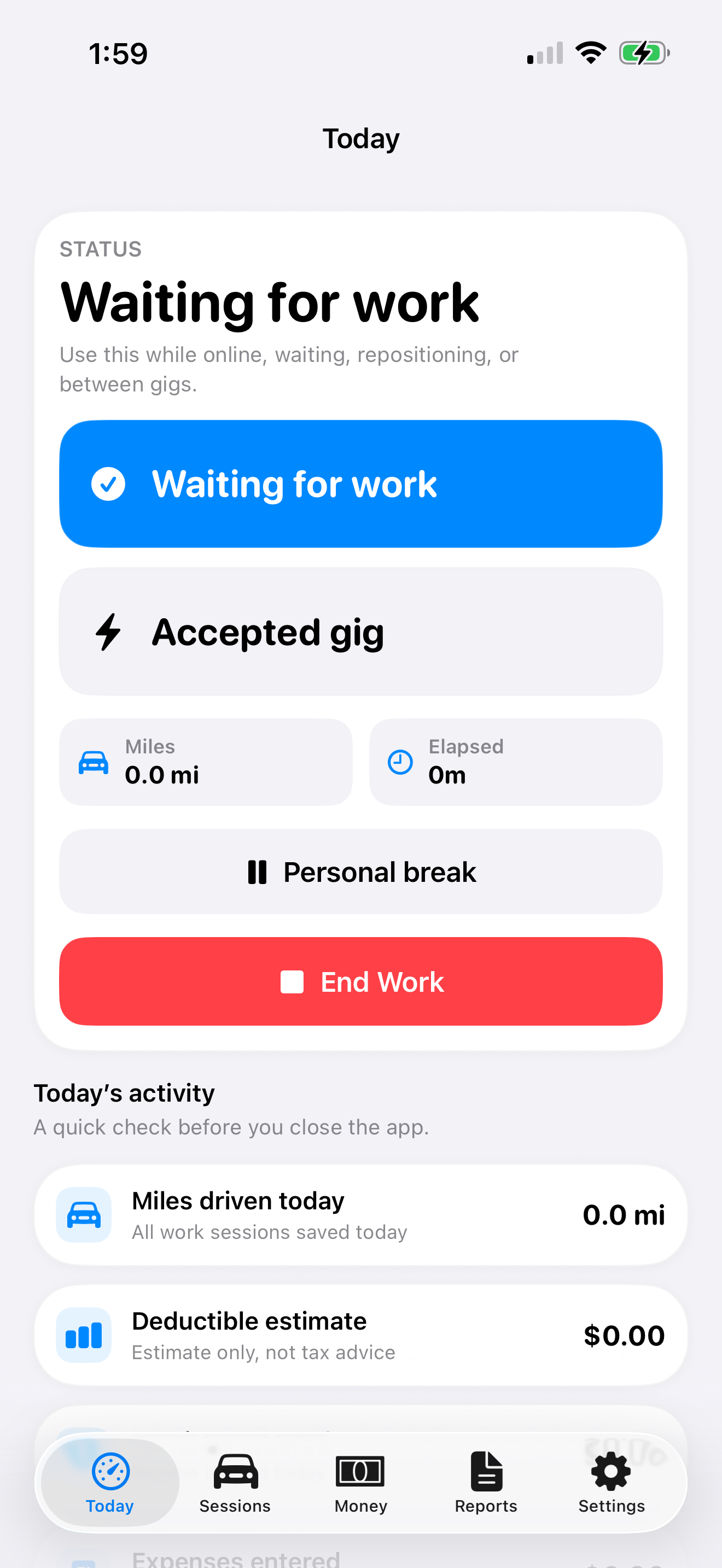 GigClaim active work session screen showing session status, earnings, and route progress