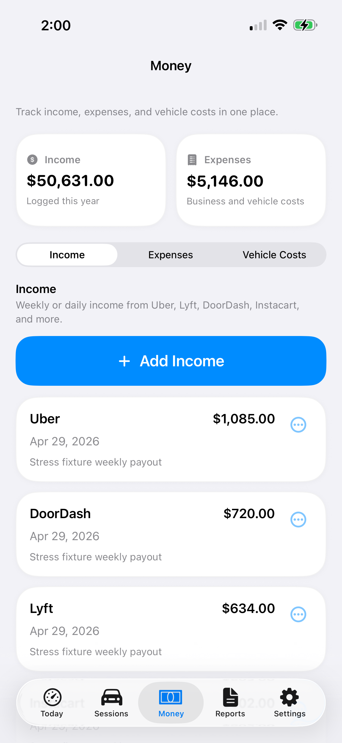 GigClaim Money screen showing earnings, expenses, and planning totals