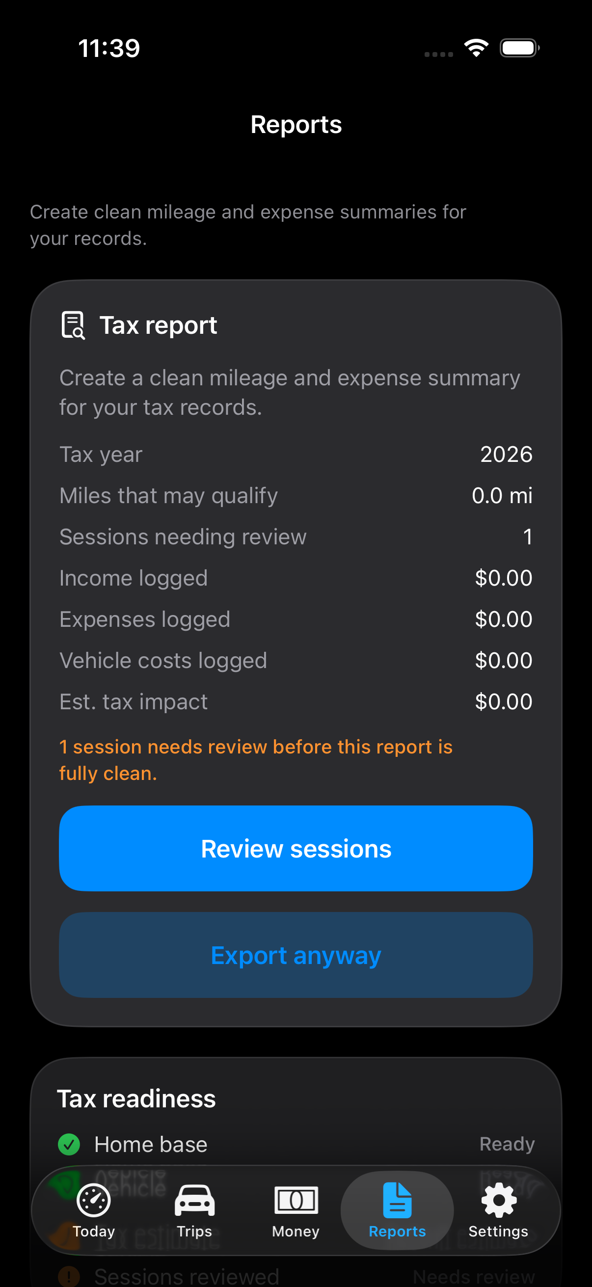 GigClaim Reports screen showing mileage, expenses, estimate impact, and review-needed warnings