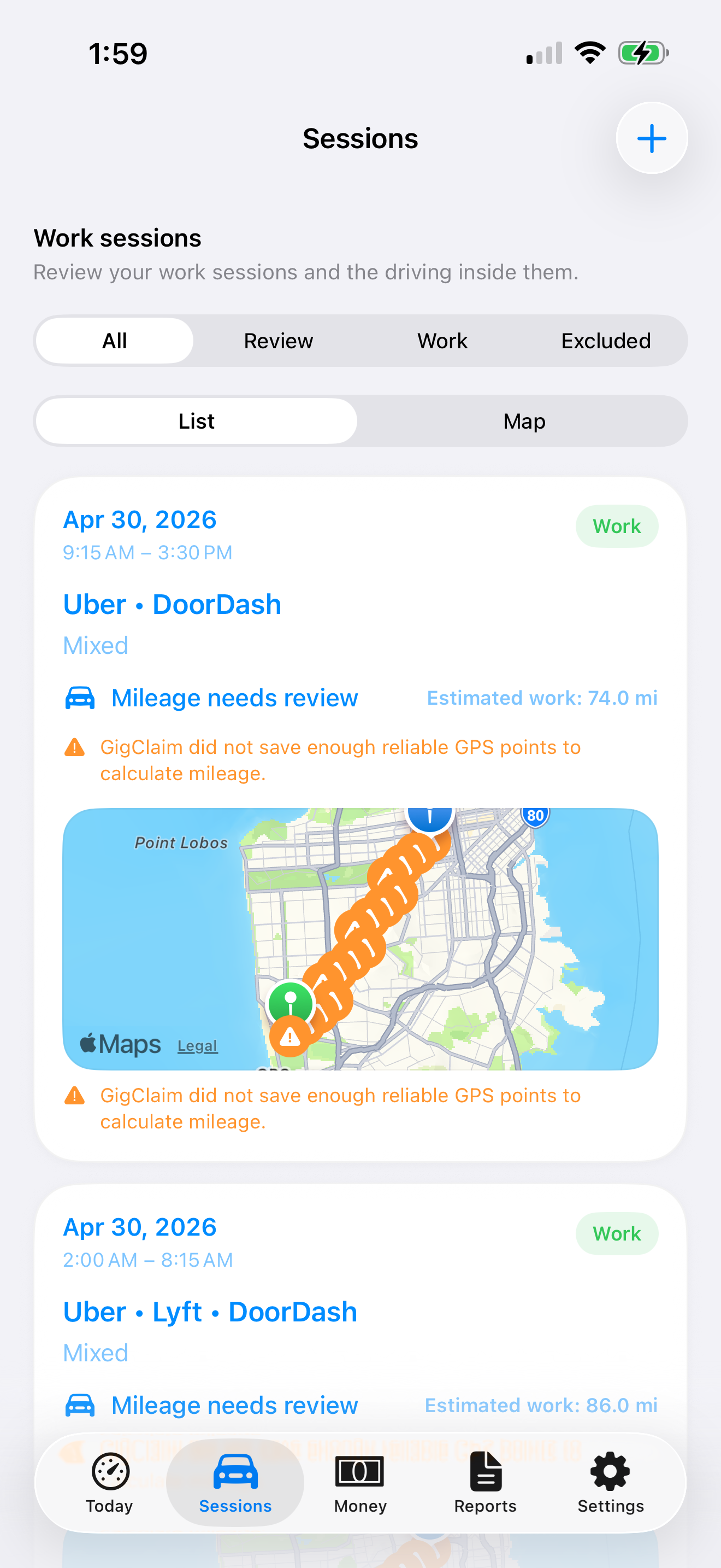 GigClaim Trips screen showing saved trip records and review-needed sessions