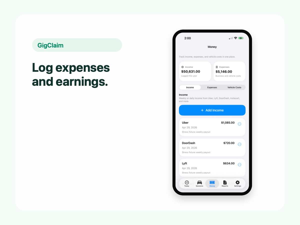 GigClaim expense and earnings screen showing fictional gig income and expense records.