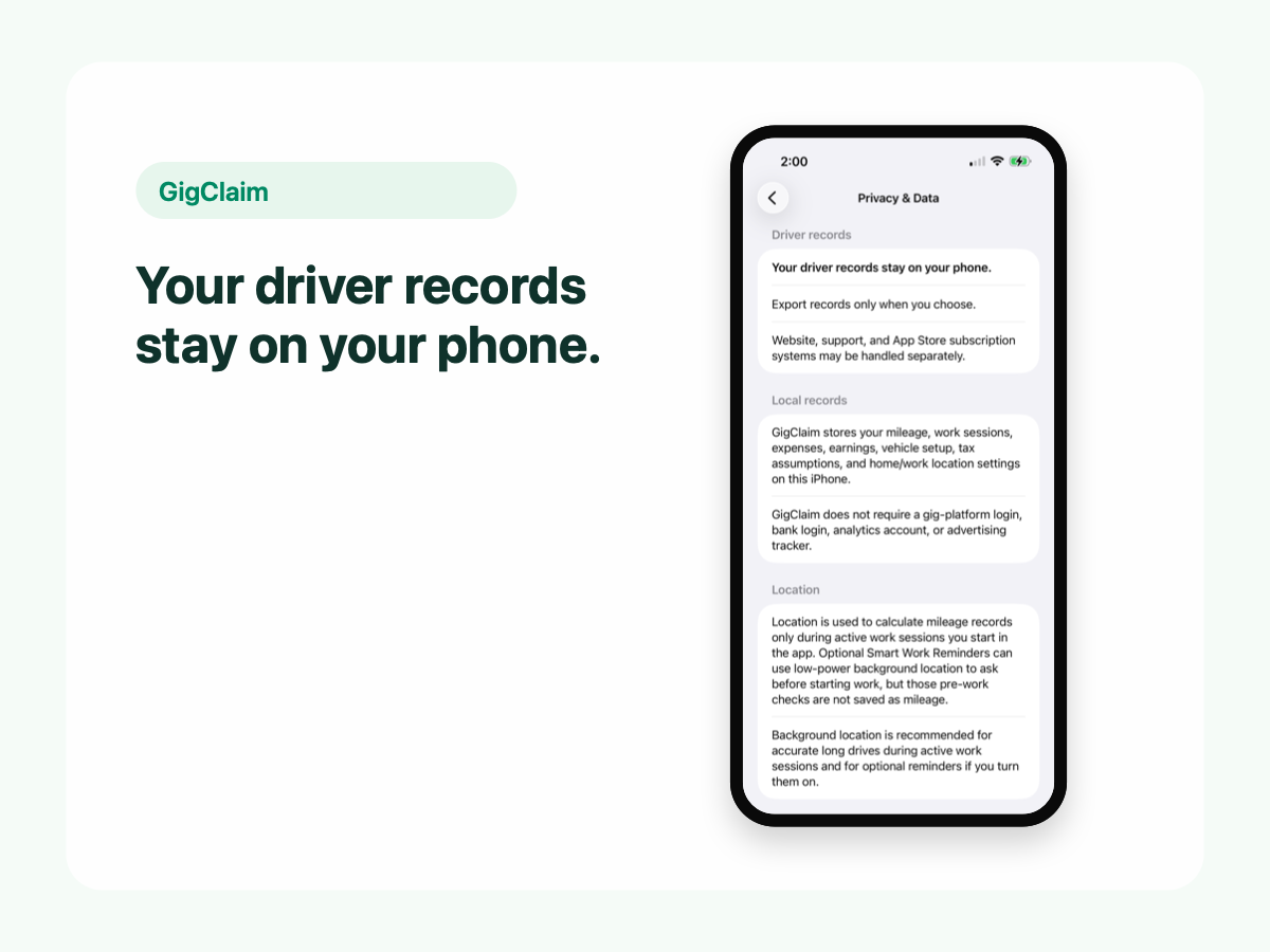 GigClaim privacy screen showing mileage, trip, expense, earnings, and tax-planning records stored locally on the phone.