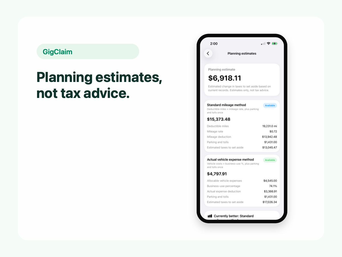 GigClaim tax set-aside estimate screen showing fictional earnings, expenses, work miles, and a planning disclaimer.