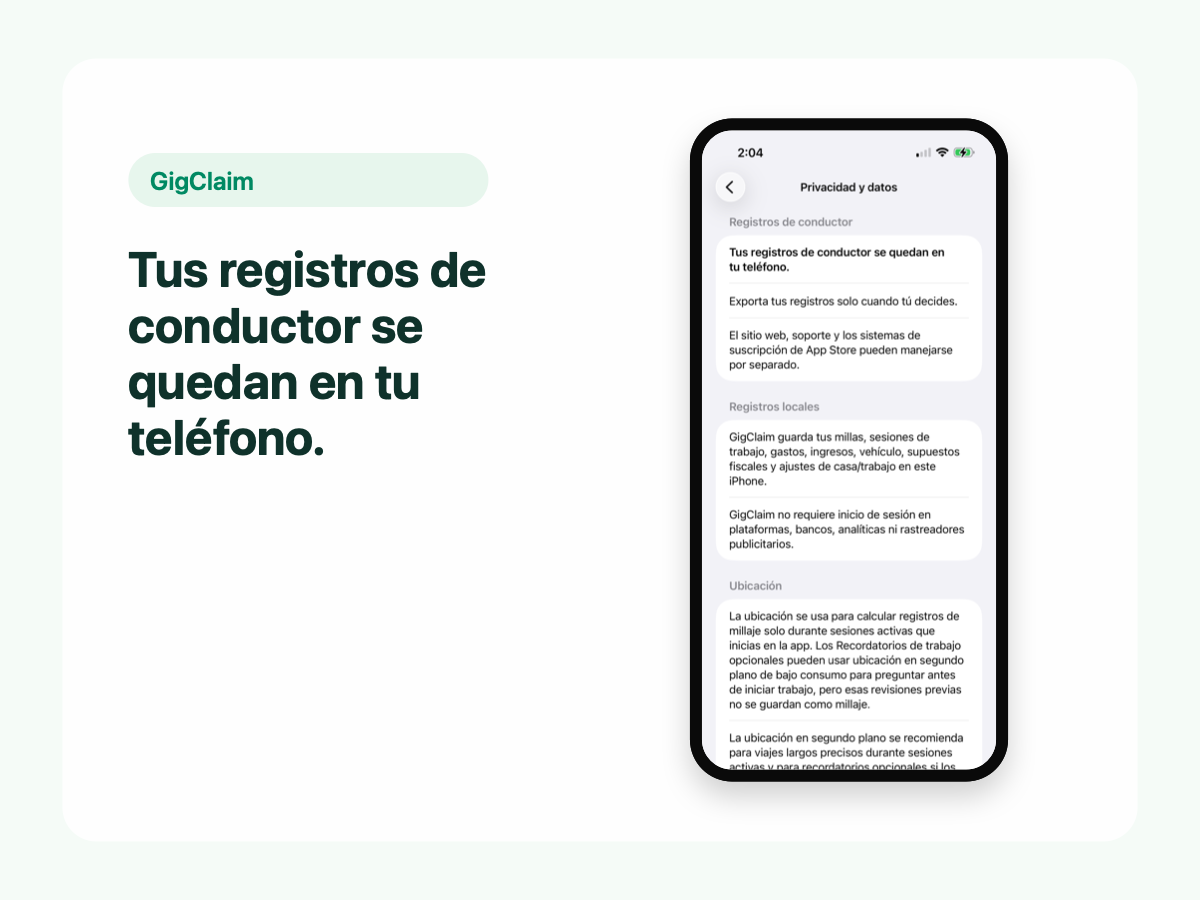 Pantalla de privacidad de GigClaim en español mostrando registros locales del conductor.